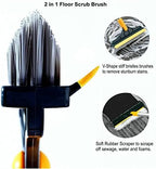 2 in 1 Cleaning Scrub Brush Grout Brush Scrape Floor Scrub Brush with Long Handle V-Shape Stiff Bristle Brush Scrubber with Squeegee 120°Rotating Shower Scruber for Cleaning Bathroom Glass Wall