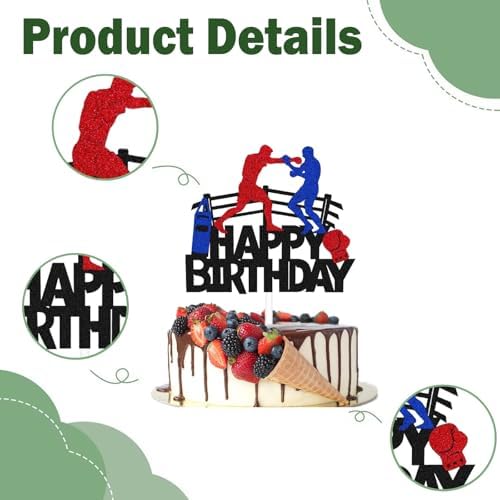1PC Boxing Happy Birthday Cake Topper, Boxing Gloves Theme Cake Decor, Black Glitter Birthday Decor for Men or Kids Parties