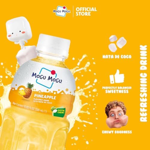 Mogu Mogu Drink Pineapple Juice (6 Bottles) Delicious drinks made with fruit juice and nata de coco (coconut jelly) Fun chewable juice boxes for kids. Juice bottles made for adults and kids ready to drink juices