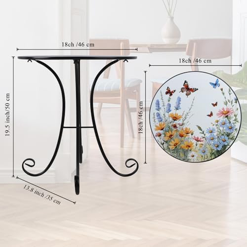 Outdoor Side Table, Flower & Butterfly Round Accent Table, Metal Indoor Small End Tables, 18" Plant Stand Tables for Patio Balcony Garden Bedside