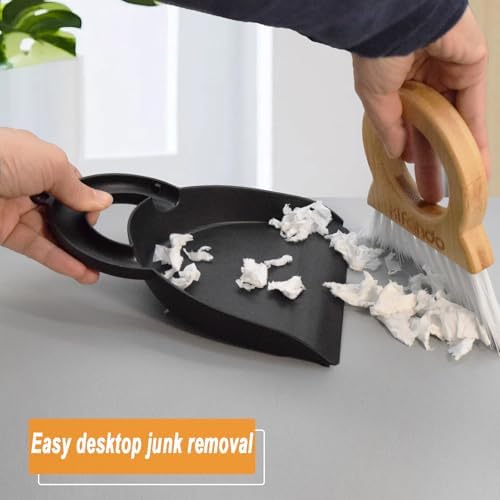 Mini Broom and Dustpan for Housekeeping-Bamboo Handle Small Broom and Dustpan Set Combination Mini Desktop Sweep, Keyboard Cleaning Brush with Shovel Brush,Round Bamboo Handle