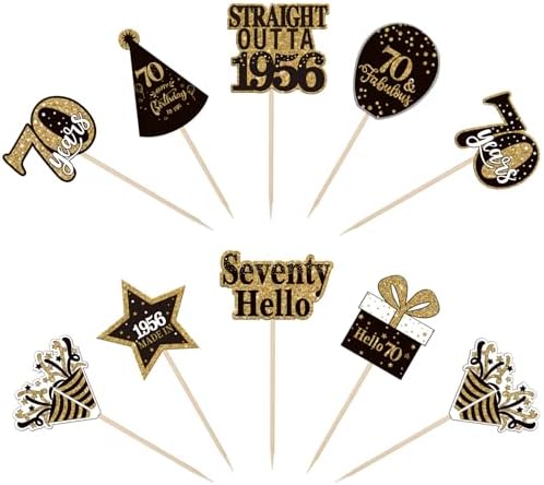 36PCS Happy 70th Birthday Cupcake Toppers Double Sided Black Gold Seventy Hello 70 Straight Outta 1955 Cupcake Picks 70 Fabulous Cheers to 70 Years Cake Decorations for 70th Birthday Party Supplies