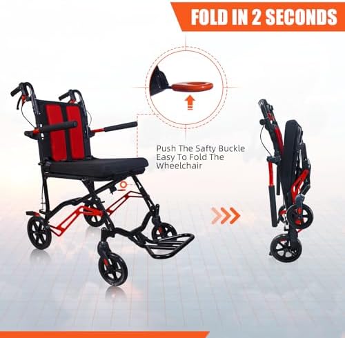 18LBS UIltra Lightweight Wheelchairs for Adults with Foldable Footrest and Armrests, Transport Wheelchair Lightweight Foldable, Portable Folding Travel Transport Chair for Seniors
