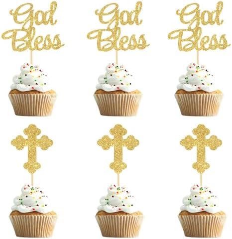 24 Pcs God Bless and Baptism Cupcake Toppers Gold Glitter Cross Cupcake Picks for Christian First Communion Baptism Party Cake Decorations Supplies