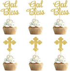 24 Pcs God Bless and Baptism Cupcake Toppers Gold Glitter Cross Cupcake Picks for Christian First Communion Baptism Party Cake Decorations Supplies