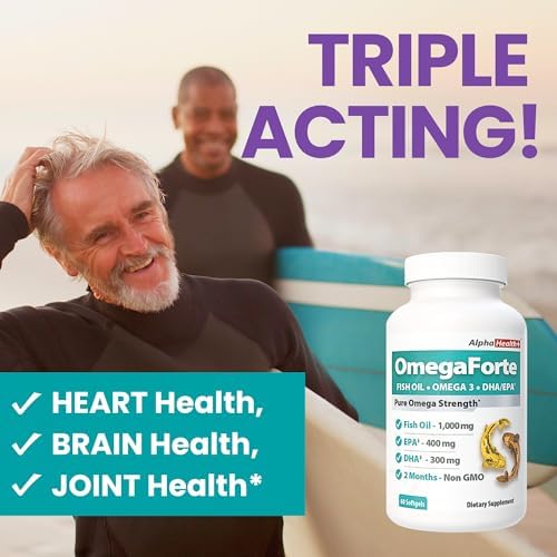 OmegaForte Naturals Omega-3 Fish Oil Supplement – 1000mg Fish Oil, 400mg EPA & 300mg DHA – Burpless Softgels: Heart, Brain, Joint, Eye & Immune Health – High Potency Omega 3 for Men & Women – 60 caps