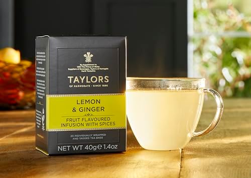 Taylors of Harrogate Lemon & Ginger,Herbal Tea,Individually Wrapped Bags,Cleansing,Invigorating and Citrussy,Caffeine-Free,Enjoy Hot or Iced,20 Count (Pack of 2)