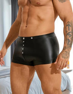 comeondear Men's Faux Leather Boxer Shorts with Punk Rivet Plus Size Briefs Black Sexy Underwear Panties