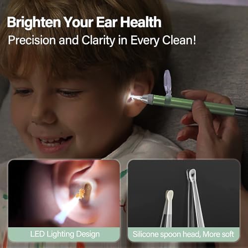 15 Pack Ear Wax Removal Tool Kit with Light - LED Ear Cleaning Kit, Ear Wax Removal for Kids and Adults, Ear Cleaning Tool, Ear Picker Spoon & Ear Tweezers & Spiral Spring Ear Spoon Green