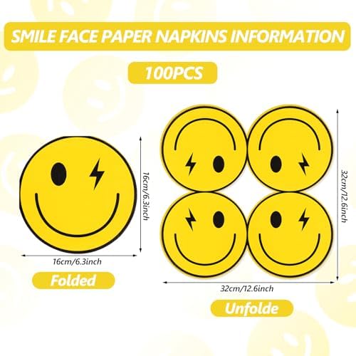 Whaline 100 Pcs Smiling Face Paper Napkins Yellow Happy Smile Disposable Napkins Funny Lunch Dinner Napkin for Preppy Birthday Holiday Party Table Supplies, 6.3 Inch