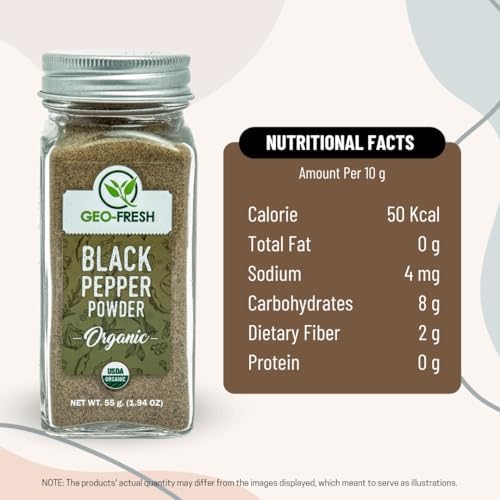 Geo-Fresh Organic Black Pepper Powder – 1.94 oz Glass Jar – Black Pepper Ground – USDA Certified – Non-GMO, Kosher, Gluten-Free – Premium Quality and Organic for Cooking & Seasoning
