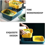 OUNONA Double Layer Vegetable and Fruit Draining Basket, Plastic Kitchen Food Storage Container with Drain Holes, Yellow Blue Multifunctional Sink Organizer for Washing and Preserving