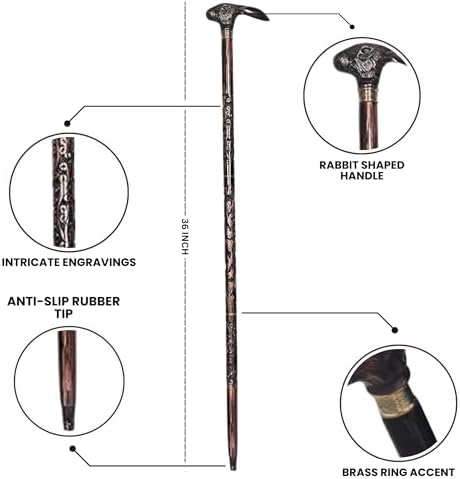 Sunrise Wood Store Antique Cane Rabbit Head Wooden Walking Stick/Cane Vintage Designer Wooden Handle Walking Stick Handmade Walking Cane for Men/Women