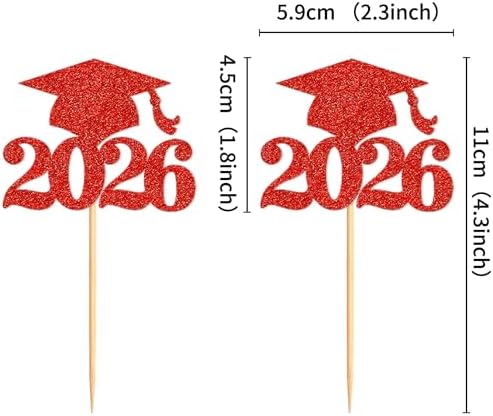 Ercadio 36 Pack 2026 Graduation Cap Cupcake Toppers Glitter Red Class of 2026 Grad Cap Cupake Picks Decorations for 2026 Doctor Graduate Celebration Theme Party Supplies