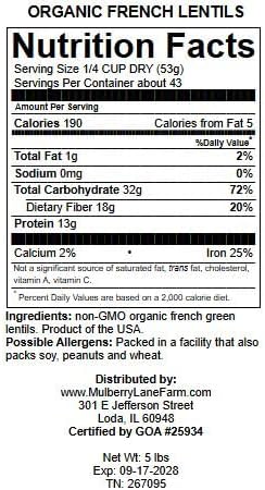 French Green Lentils 5 Pounds Petite, USDA Certified Organic, Non-GMO Bulk, Product of USA, Mulberry Lane Farms