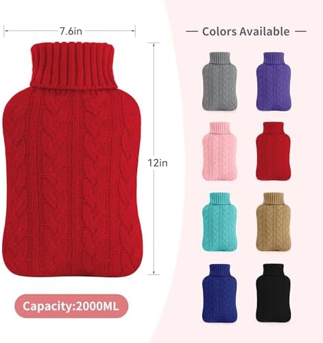 samply Hot Water Bottle with Knitted Cover, 2L Hot Water Bag for Hot and Cold Compress, Hand Feet Warmer, Ideal for Menstrual Cramps, Neck and Shoulder Pain Relief,Red
