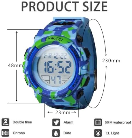 YFWOOD Kids Digital Watch Waterproof Outdoor Watches Children Casual Electronic Analog Quartz Wrist Watches with Silicone Band Luminous Alarm Stopwatch for Boys