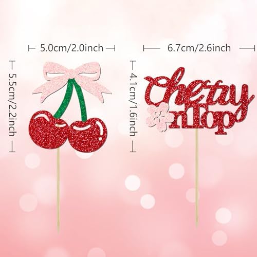 24 Pack She's the Cherry On Top Cupcake Toppers, Glitter Cherry Sweet Cake Pick for Fruits Theme Baby Shower and Bridal Shower Decorations Supplies (Top)