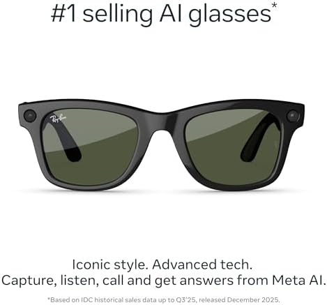 Ray-Ban Meta (Gen 2), Wayfarer, Shiny Black | Smart AI Glasses for Men, Women — 2X Battery Life — 3K HD Resolution — 12 MP Ultra-Wide Camera, Audio, Video — Green Lenses — Wearable Technology