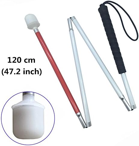 Aluminum Mobility Folding White Cane for Vision Impaired and Blind People (Folds Down 4 Sections) (120 cm (47.2 inch), Black Handle)