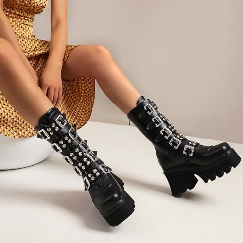 YIYA Black Platform Goth Boots for Women Studded Wide Mid Calf Combat Punk Boots Round Toe Buckle Chunky Heel Back Zipper Thick Sole Ankle Booties