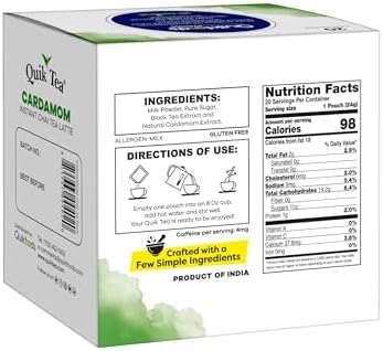 QuikTea Cardamom Chai Tea Latte – 20 Count, Bold Cardamom Flavor, No Preservatives – Just Add Hot Water