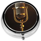 Golden Microphone Round Pill Case, Portable Pill Box for Pocket Metal Medicine Vitamin Organizer 3 Compartment Three Times A Day