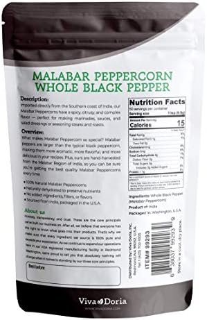 Viva Doria Malabar Black Peppercorns, Whole Black Pepper, Black Peppercorn For Grinder Refills, 12 Ounces