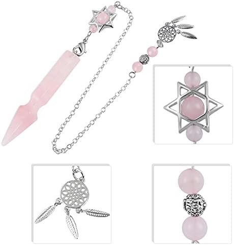 TUMBEELLUWA Crystal Point Pendulum for Divination Dowsing Faceted Stone Pendant Pendulum with Dream Catcher and Merkaba Star Chain, Rose Quartz