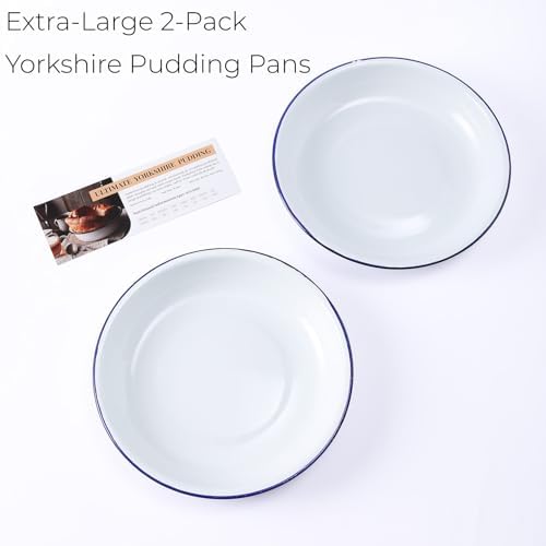 Extra Large Yorkshire Pudding Pan 2-Pack – 26cm(10'') Round Deep Enamel Baking Tins/Trays for Giant Yorkshire Puddings, Sunday Roast Dinners and British-Style Family Meals with Recipe Card