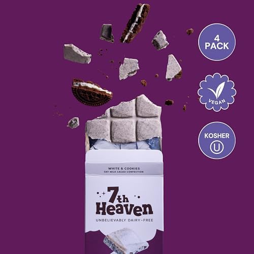 7th Heaven, Vegan Oat Milk Chocolate Bars: White & Cookies - (3.5 oz - 4 Pack), Healthy Chocolate, Perfect Valentines Gift For Your Loved Ones, 100% Dairy Free, Non GMO, Kosher Parve, Cruelty Free, Fair Trade Cocoa