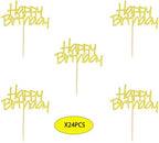 24pcs Happy Birthday Cupcake Toppers Pre-Assembled Gold Glitter Cake Food Fruit Picks for Celebrating Birthday Party Decoration Supplies