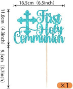 Rsstarxi 1 Pack First Holy Communion Cake Topper Boy Christian Baptism Religious God Bless Cross Cake Pick for Baptism Baby Shower First 1st Communion Party Cake Decorations Blue