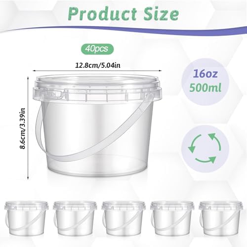 40 Pcs 16oz Clear Plastic Buckets with Handles and Lids, 16oz Mini Drinking Buckets Reusable Ice Cream Tub Airtight Food Storage Container Pails for Kitchen, Party Snacks, Camping Drinks, Small Items