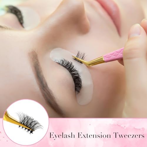 Lash Tweezers for Eyelash Extensions, 2 Pcs 90 Degree Fiber Tip Eyelash Extension Tweezers, Pink, False Lashes & Volume Lash, 2Pcs Set, For Lashes Technicians