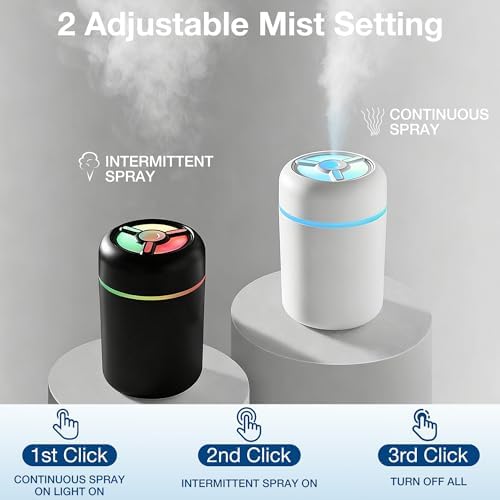 Portable Mini Humidifier, 300ml USB Cool Mist Small Humidifier with Colorful Lights. Perfect for Bedroom, Office, Plants, travel & Car (White)