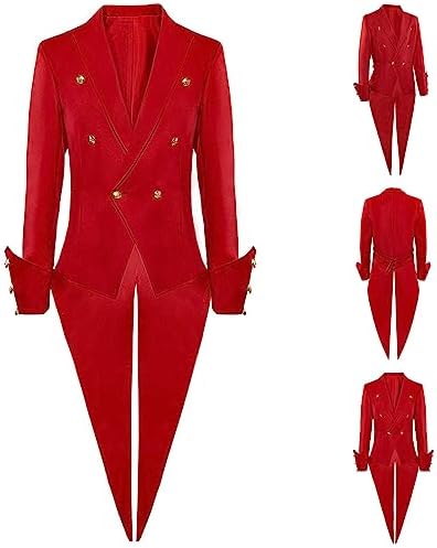 OPHPY Mens Red Steampunk Victorian Tailcoat Gothic Double Breasted Medieval Tuxedo Jacket Vintage Frock Coat Stage Uniform