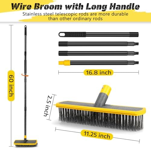 Heavy Duty Broom Wire Floor Scrub Brush with Long Handle, 2 in 1 Scrape and Stainless Steel Bristle Brooms Scrubber for Deck Concrete Patio Outdoor Moss Removal