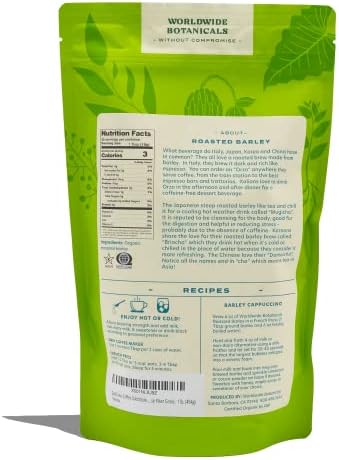 Worldwide Botanicals Organic Barley, Dark Roast – 1 lb –Italy’s Orzo, their Favorite Caffeine-Free Coffee Alternative – Brew Like Coffee – Acid Free, Kosher, Ground, 16 ounces