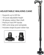 Adjustable Walking Cane for Men & Women - Lightweight Carbon Fiber Cane, Premium Walking Stick for Seniors with Quad & Single Rubber Tips, Ergonomic Handle & Wrist Strap