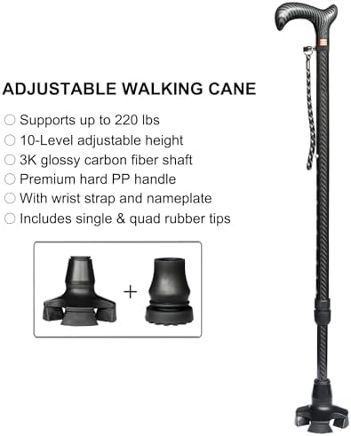Adjustable Walking Cane for Men & Women - Lightweight Carbon Fiber Cane, Premium Walking Stick for Seniors with Quad & Single Rubber Tips, Ergonomic Handle & Wrist Strap