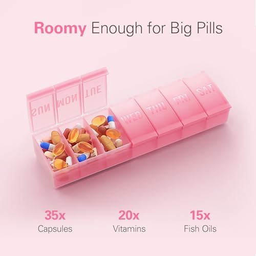 Barhon Large Weekly Pill Organizer, Big Vitamin Organizer Case for 7 Day, Travel Medicine Pill Box to Hold Various Supplements and Fish Oil, Sakura Pink