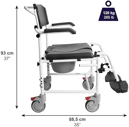 KMINA Shower Chair with Wheels for Elderly (Version 2.0 Improved Brakes), Adjustable Commode Rolling Chair, Black, PRO Model
