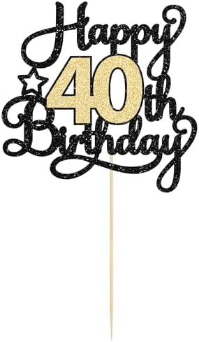 1Pc 40th Happy Birthday Cake Topper Glitter Cheers to 40 Years Birthday Cake Pick Decoration for 40th Wedding Party Decoration Supplies Black Gold