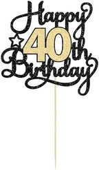 1Pc 40th Happy Birthday Cake Topper Glitter Cheers to 40 Years Birthday Cake Pick Decoration for 40th Wedding Party Decoration Supplies Black Gold