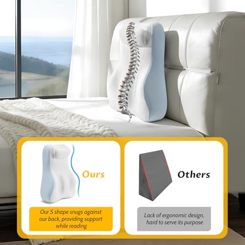 Ergonomic S Curve Reading Pillow for Sitting in Bed Adult- Back Pillow for Bed Sitting up with Adjustable Headrest- Memory Foam White, Blue