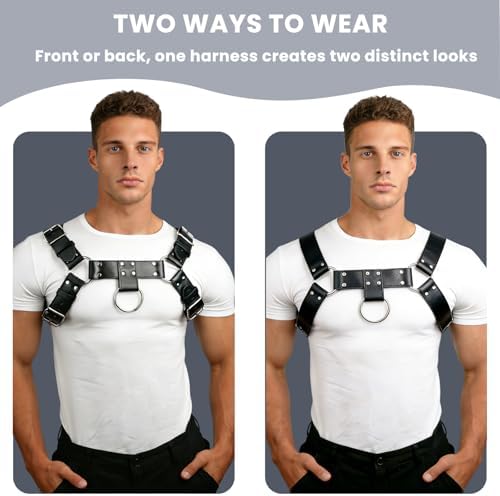 Mens PU Leather Chest Harness Costume Cosplay Top, Adjustable Body Harness Shoulder Straps Male Punk Fashion Steatement Rave Outfit for Music Festival Party Halloween Cosplay D88 (Black)