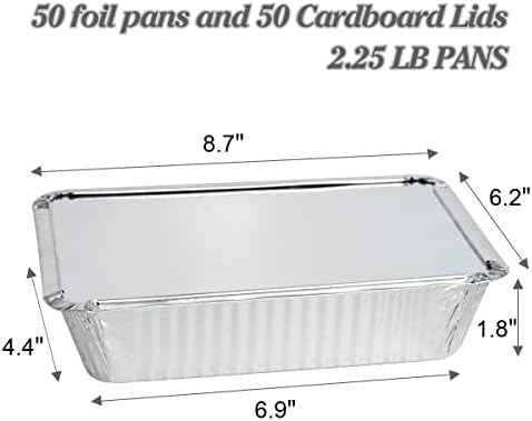 50 Pack Aluminum Pans with Lids(8.5"×6"), 2.25lb Foil Pans with Board Lids, Disposable Take Out Food Containers, Foil Pans for Meal Prep Freezer Cooking Baking