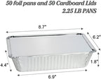 50 Pack Aluminum Pans with Lids(8.5"×6"), 2.25lb Foil Pans with Board Lids, Disposable Take Out Food Containers, Foil Pans for Meal Prep Freezer Cooking Baking