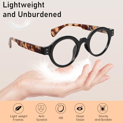 Reading Glasses Roud for Women Oversized Blue Light Blocking with Spring Hinge 3 Pack Fashion Design